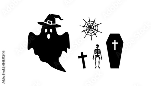 Spooky halloween silhouettes: ghost, skeleton, and coffin with cobweb for festive designs