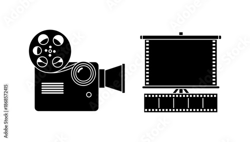 Retro movie projector and film screen silhouette: classic cinema design concept