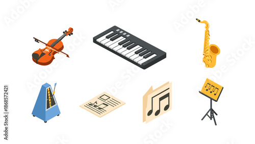 Isometric musical instruments set with violin, keyboard, saxophone, and music sheets