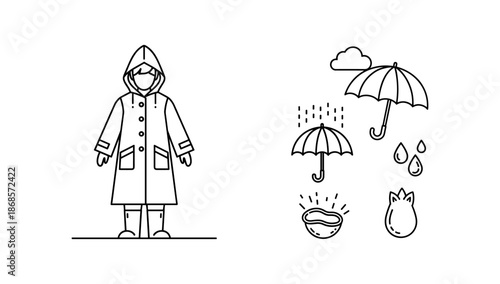 Linear design of rainy weather elements and person in raincoat with umbrellas and raindrops