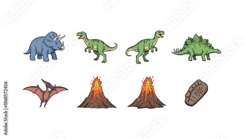 Colorful prehistoric creatures and volcanic scenes with fossil