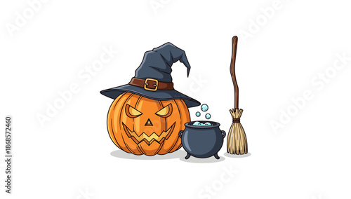 Halloween pumpkin with witch hat, cauldron, and broom