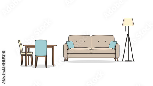 Modern living room interior with sofa couch and dining area in linear style