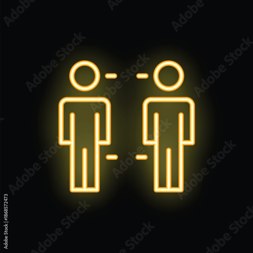 Yellow neon icon depicting the concept of social distancing with two people standing apart