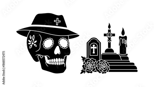 Day of the dead skull and cemetery altar with crosses and flowers
