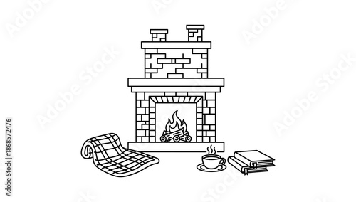 Cozy fireplace with blanket, books, and coffee in minimalist line art