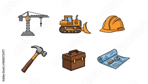 Colorful construction icons: tools, equipment, and heavy machinery