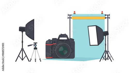 Photography studio setup with camera and lighting equipment on white background