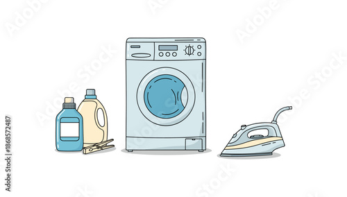 Household laundry equipment with detergent and iron in flat style