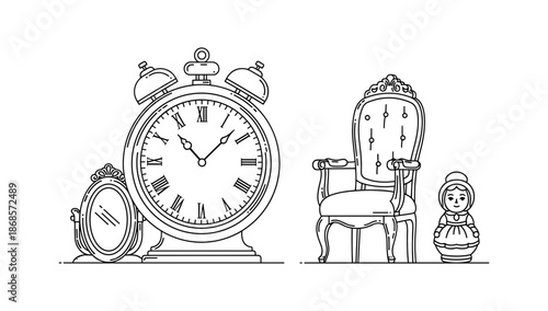 Vintage decor with old clock and victorian furniture in linear design