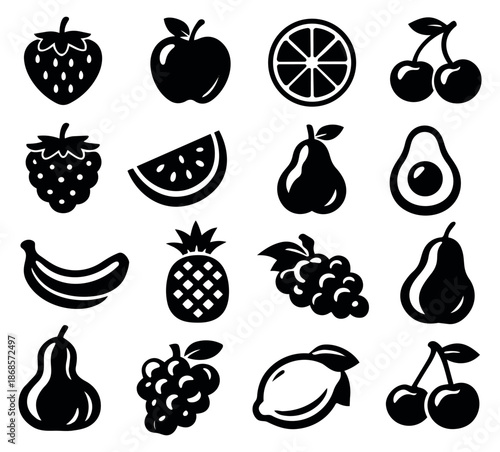 Minimalist black and white fruit icon set featuring various fresh fruits for healthy eating and nutrition concepts