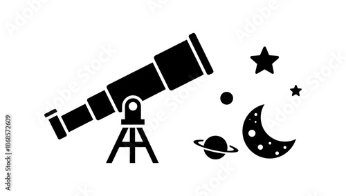 Silhouette telescope and celestial bodies: moon, planets, and stars