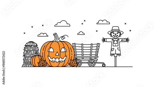Autumn harvest line art: pumpkins, scarecrow, and hay bales