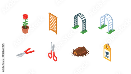 Isometric garden tools and structures set with rose plant