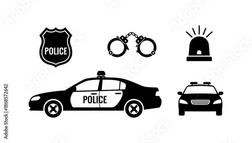 Silhouette police car and equipment icons in flat style