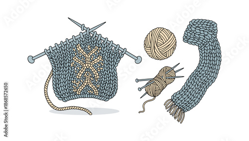 Cozy knitting scene with yarn balls, needles, and scarf in flat style