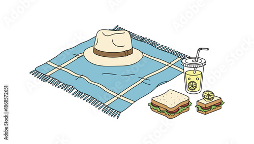 Cozy picnic essentials with blue blanket, hat, refreshing lemonade, and sandwiches