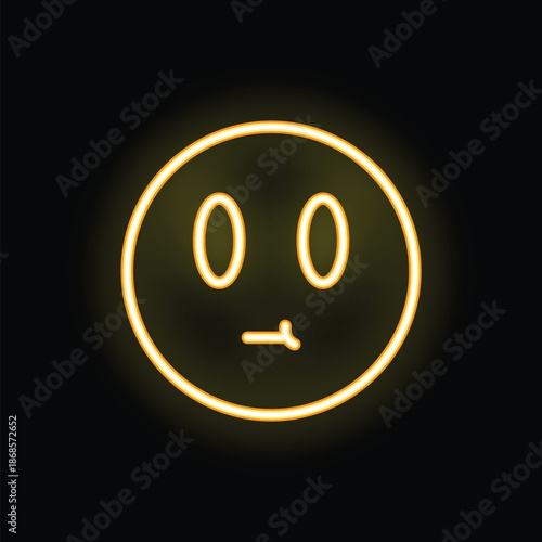 Bright yellow neon sign in the shape of a disappointed face, glowing on a black background