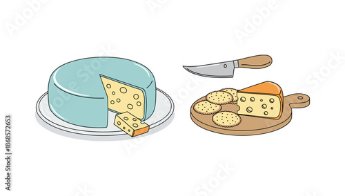 Cheese and crackers delight with knife on wooden board