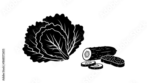 Silhouette of lettuce and cucumbers with sliced bread in black and white design
