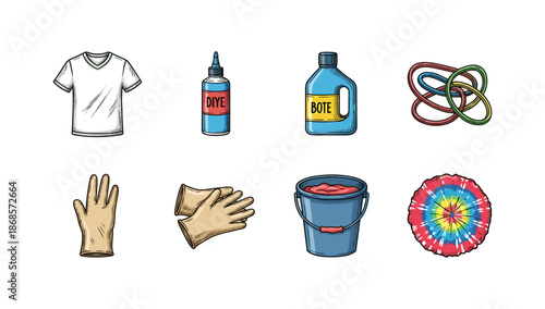 Diy tie-dye craft set with shirt, dye, gloves, and bucket equipment illustration
