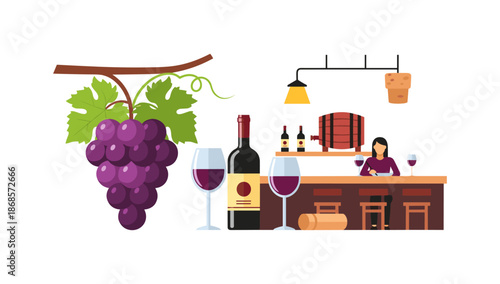 Wine tasting in vineyard setting with bar interior and grape cluster