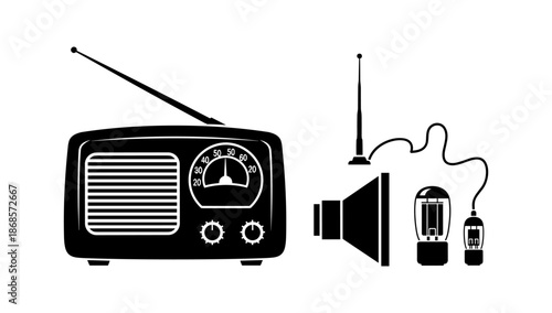 Retro radio silhouette featuring antenna and vintage components in black and white