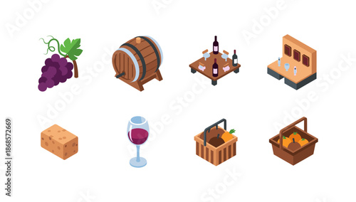 Isometric wine collection with barrel, grapes, cheese, and picnic accents on white background