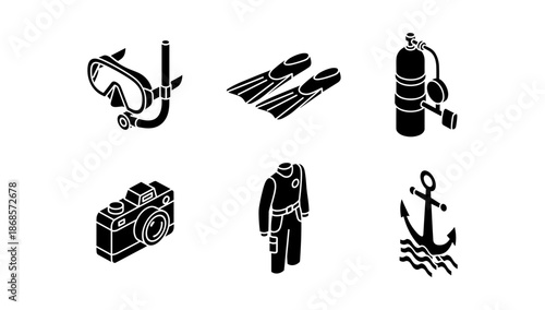 Black silhouette icons of diving gear and equipment collection