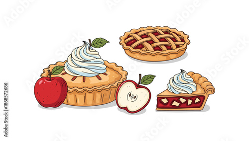 Delicious apple desserts with whipped cream and fresh fruit