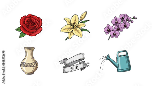 Colorful floral and gardening elements in hand drawn style