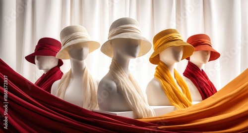 Row of Mannequins in Vintage Cloche Hats and Scarves.