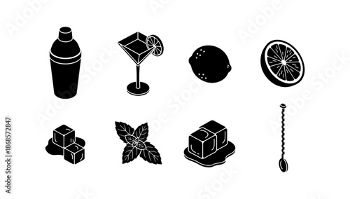 Cocktail icons: shaker, drinks, citrus, ice cubes, mint, stirrer in modern silhouette style