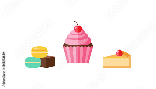 Sweet dessert trio: cupcake, macarons, and cheesecake in colorful flat design