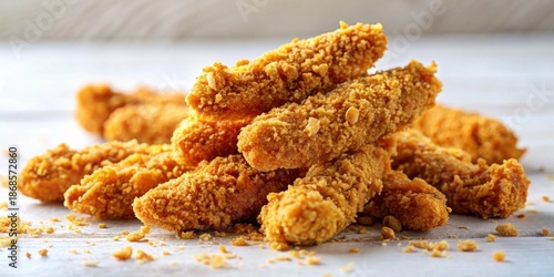 Crispy Breaded Chicken Fingers Stacked High on a Light Surface, Golden Brown and Appetising