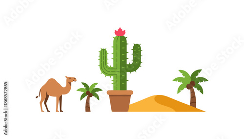 Flat desert scene with camel, cactus, and palm trees on white background