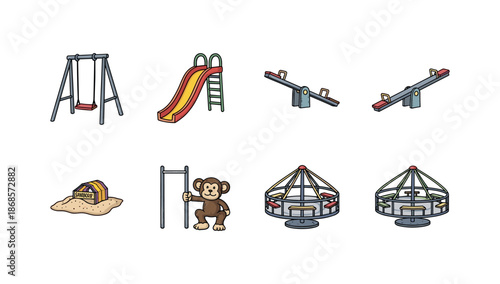 Colorful playground equipment set with swings, slides, seesaws, and carousel icons