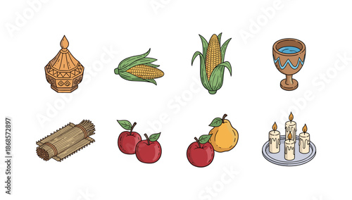 Thanksgiving harvest icons featuring corn, fruit, and candles in a hand drawn style