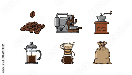 Coffee essentials: brewing equipment and beans in a flat style