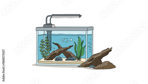 Modern aquarium design with driftwood and live plants in clean minimalist style