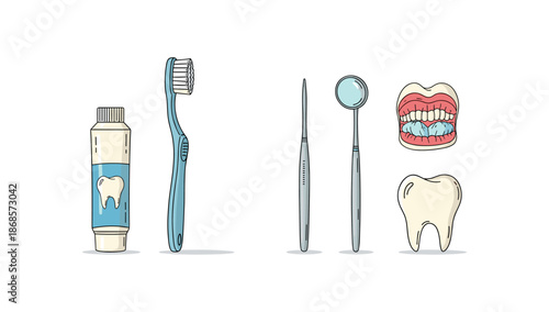 Dental care essentials: toothbrush, toothpaste, and dentist tools in colorful design
