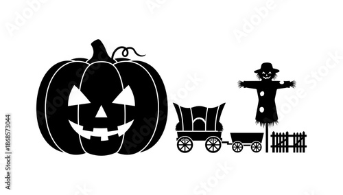 Halloween silhouette: pumpkin, scarecrow, and wagon in black and white