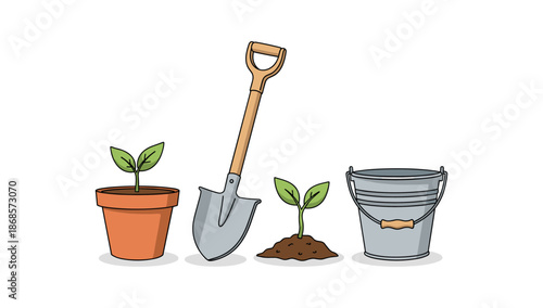 Gardening elements with plants, shovel, and metal bucket on white background