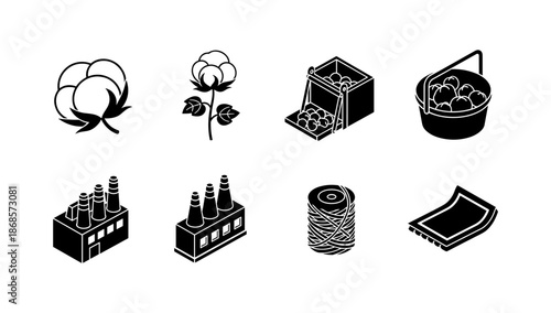 Cotton industry icons: factories, plants, and processing silhouettes