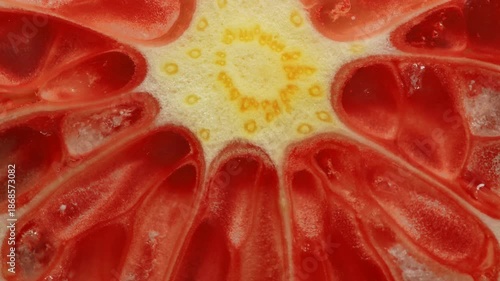 Macro close up of red grapefruit texture slowly rotating, highlighting vibrant citrus colors and detailed pulp structure. Ideal for food, abstract background, color, and health concepts.