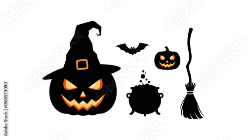 Halloween silhouette set: witch hat, pumpkin, cauldron, bat, broom
