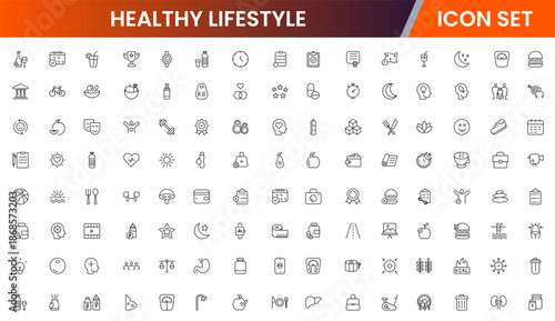 Vibrant vector web line icons depicting healthy lifestyle, fitness, nutrition, wellness, exercise, and balanced habits for vibrant living.