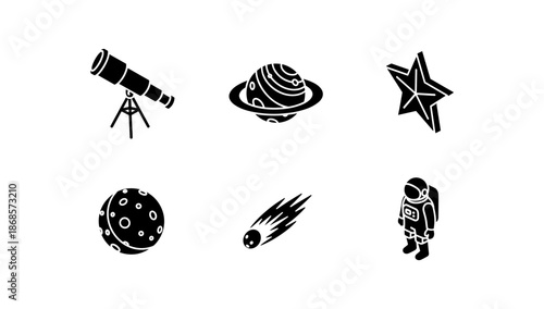 Space icons set: telescope, astronaut, planets, star, comet in black silhouette