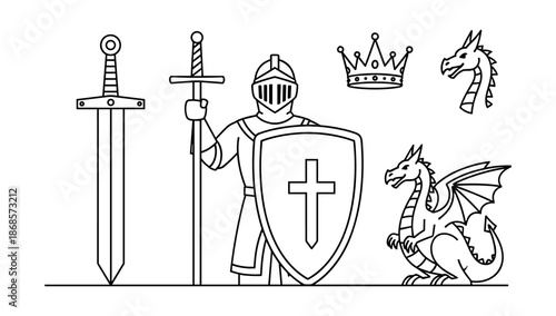 Medieval knight with dragon and sword in minimalist linear design