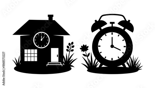 Silhouette of house and alarm clock with floral elements on white background